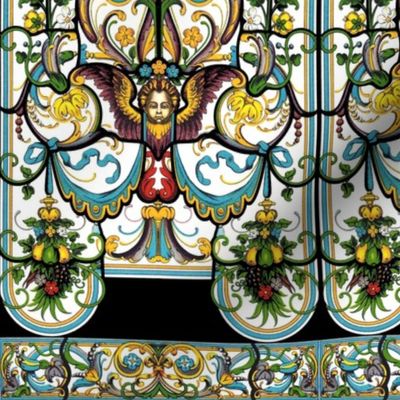 stained glass Gothic Victorian Baroque rococo cherubs angels flowers floral  wings fruits canopy curtains leaf leaves churches thrones state baldachin baldaquin scrolls filigree butterfly butterflies moths lolita elegant egl