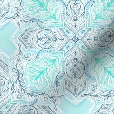 Ice Blue and Mint Doodle Tiled Pattern