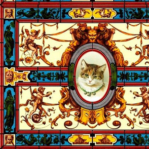 baroque rococo stained glass cats cherubs angels swags victorian mythical roman Greece Greek floral scrolls tortoises satyrs harpy harpies spiders hippocampus antique