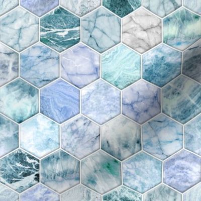 Ice Blue and Jade Stone and Marble Hexagon Tiles