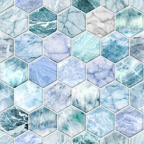 Ice Blue and Jade Stone and Marble Hexagon Tiles