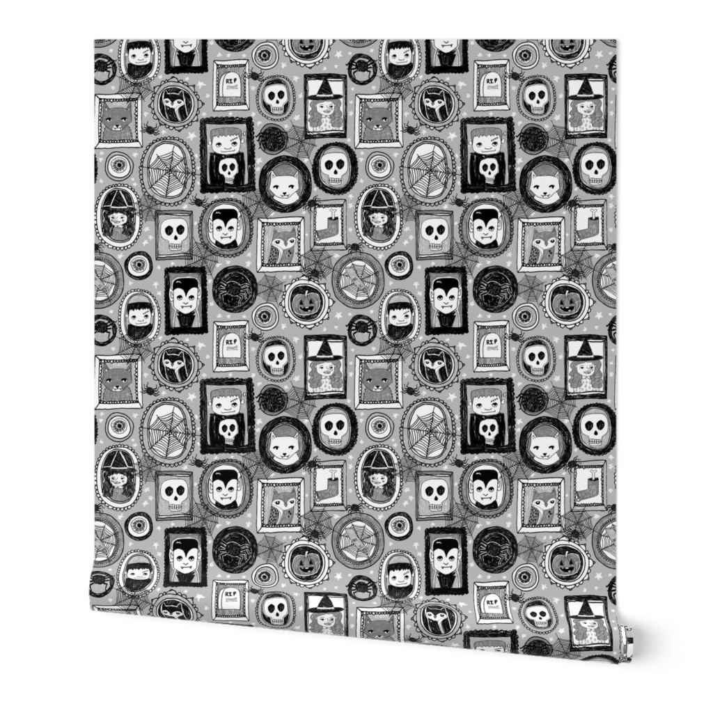 halloween // halloween grey spider spider webs witches skulls cats october black and grey fabric