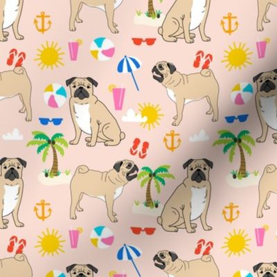 pugs pug beach tropical blush sweet pug fabric summer flip flops beach ball happy pugs