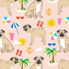 pugs pug beach tropical blush sweet pug fabric summer flip flops beach ball happy pugs