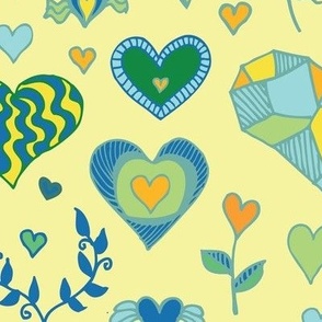Hearts - lemon, green & blue - large scale
