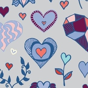Hearts - blue, pink & grey - large scale