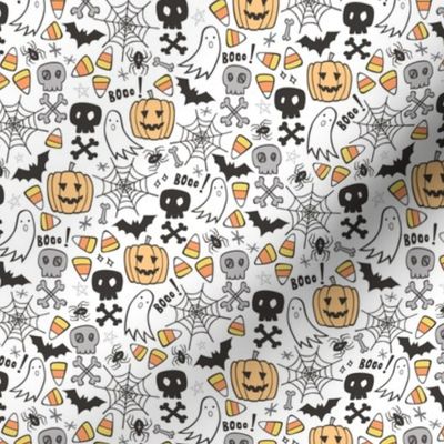 Halloween Doodle with Skulls,Bat,Pumpkin,Spiderweb,Ghost on White Tiny Small