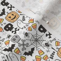 Halloween Doodle with Skulls,Bat,Pumpkin,Spiderweb,Ghost on White Tiny Small