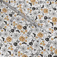 Halloween Doodle with Skulls,Bat,Pumpkin,Spiderweb,Ghost on White Tiny Small