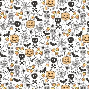 Halloween Doodle with Skulls,Bat,Pumpkin,Spiderweb,Ghost on White Tiny Small