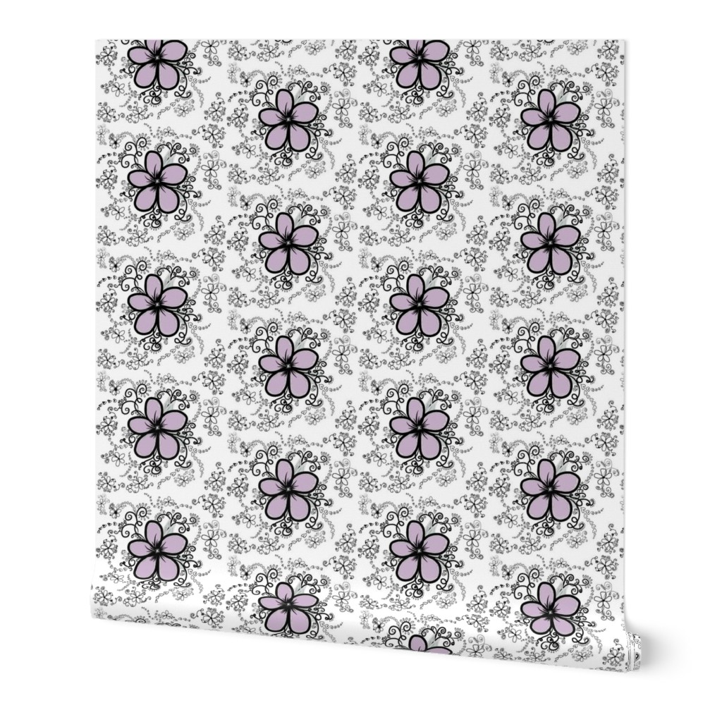 Purple Floral  Doodles on White