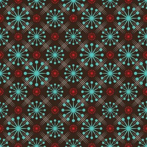 Mid Century Starburst Turquoise and Red on Brown