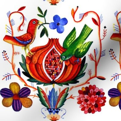 tribal folk art birds fruits pomegranates floral leaves leaf vintage retro