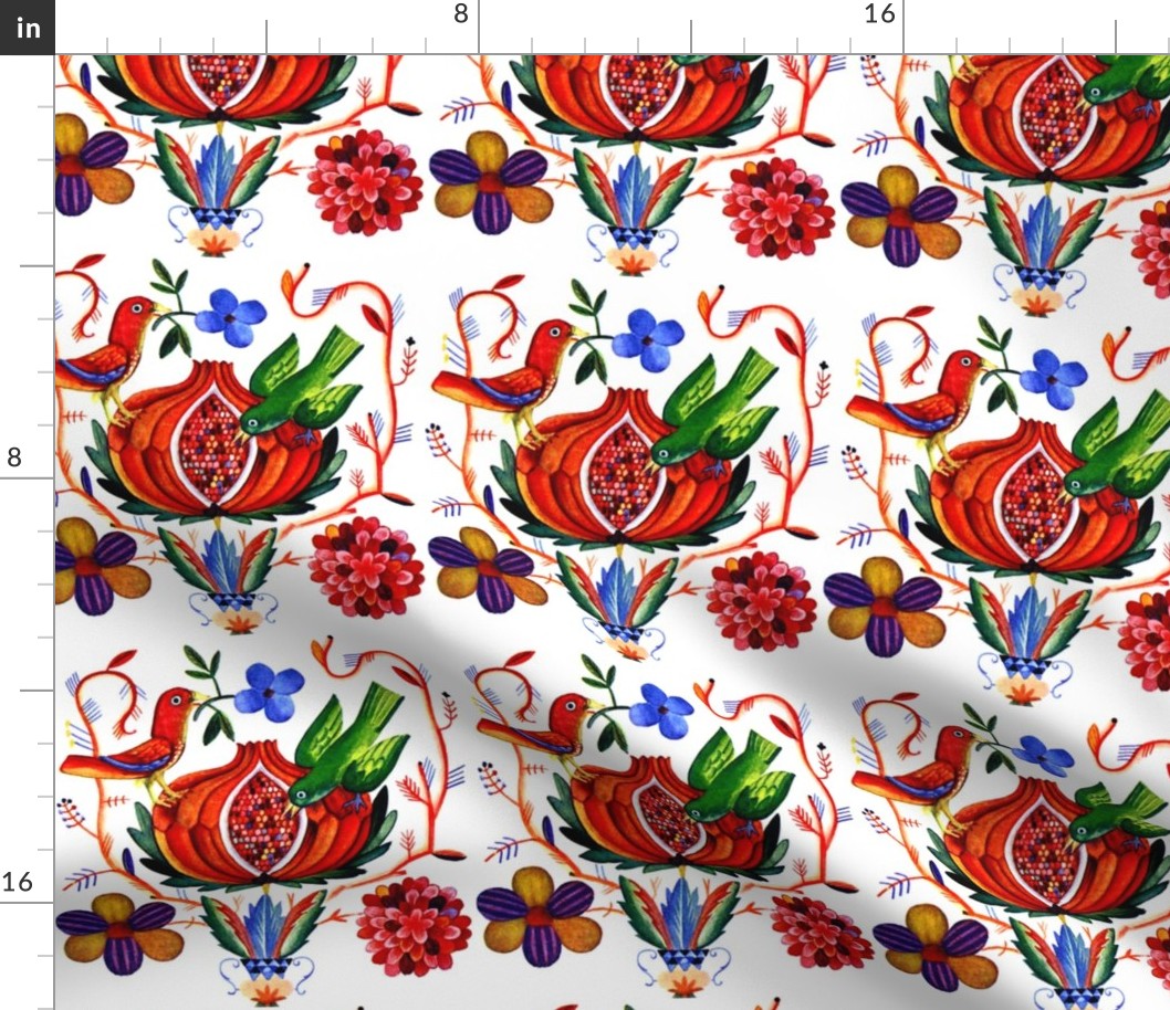 tribal folk art birds fruits pomegranates floral leaves leaf vintage retro