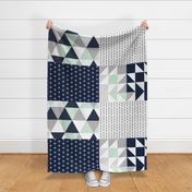 Fat Quarter Bundle // Navy Skinny Plus, Charcoal Arrow Stripes, Navy + Mint Triangle Wholecloth, Navy + Mint Puzzle Wholecloth