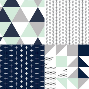 Fat Quarter Bundle // Navy Skinny Plus, Charcoal Arrow Stripes, Navy + Mint Triangle Wholecloth, Navy + Mint Puzzle Wholecloth