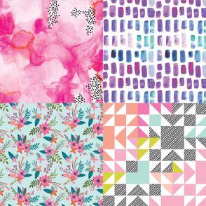 Fat Quarter Bundle // Pink Sprigs and Blooms, Pink Watercolor Abstract, Neon Brights Wholecloth, Mermaid Watercolor Mosaic