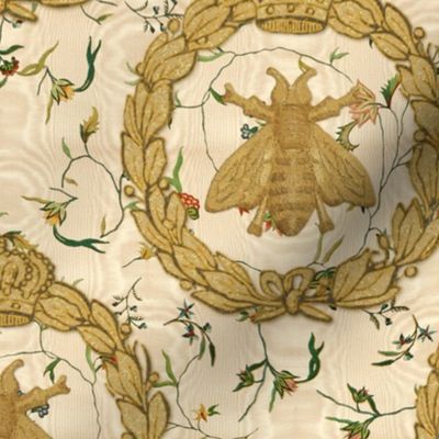 Napoleonic Bees ~ Queen Bee ~  Faux  Gilt on Cecile Embroidered Chintz ~ Gypsophila Moire 