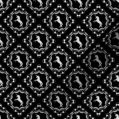 Unicorn Damask White on Black