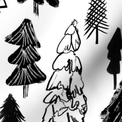 Christmas trees forest, black and white, winter woodland, baby