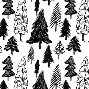 Christmas trees forest, black and white, winter woodland, baby