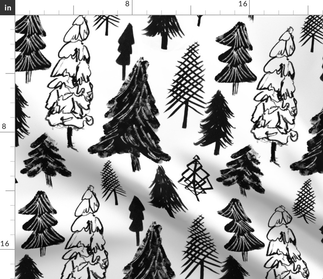 Christmas trees forest, black and white, winter woodland, baby