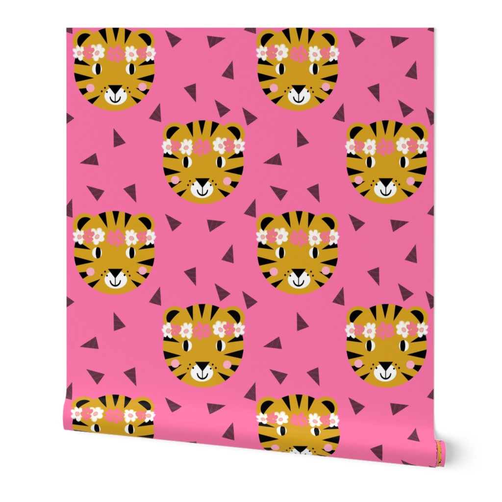 tiger crown girls pink cute flowers florals girls girly tigers fabric