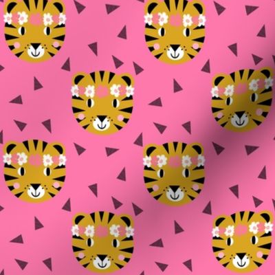 tiger crown girls pink cute flowers florals girls girly tigers fabric