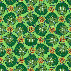 Scattered Triceratops Faces with Rainbow Leaves on Green