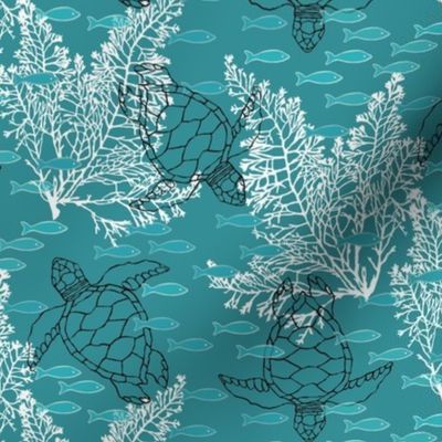 Sea Turtles & White Kelp on Aqua Background