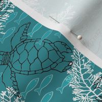 Sea Turtles & White Kelp on Aqua Background