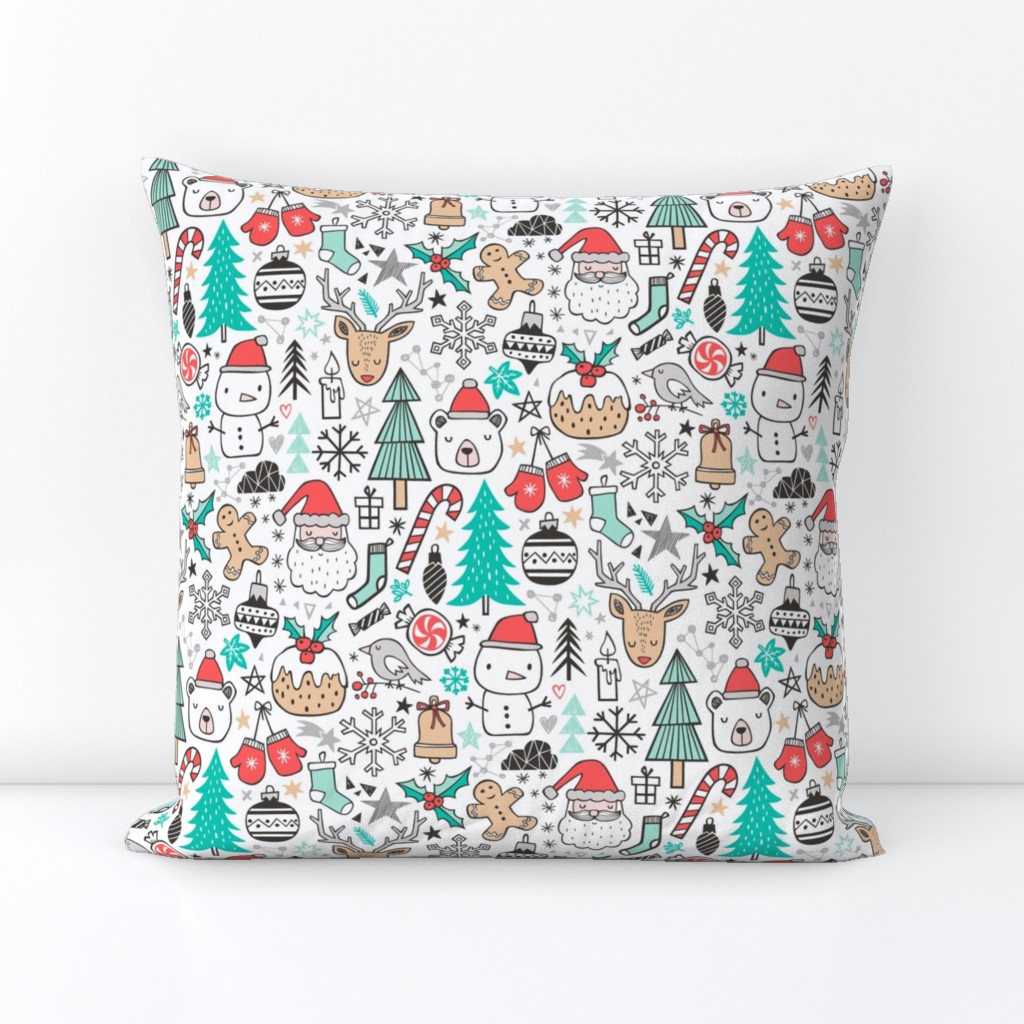 Xmas Christmas Winter Doodle with Snowman, Santa, Deer, Snowflakes, Trees, Mittens 