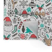 Xmas Christmas Winter Doodle with Snowman, Santa, Deer, Snowflakes, Trees, Mittens 