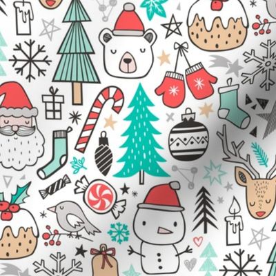 Xmas Christmas Winter Doodle with Snowman, Santa, Deer, Snowflakes, Trees, Mittens 