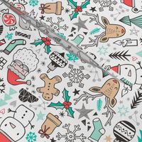 Xmas Christmas Winter Doodle with Snowman, Santa, Deer, Snowflakes, Trees, Mittens 