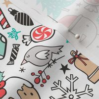 Xmas Christmas Winter Doodle with Snowman, Santa, Deer, Snowflakes, Trees, Mittens 