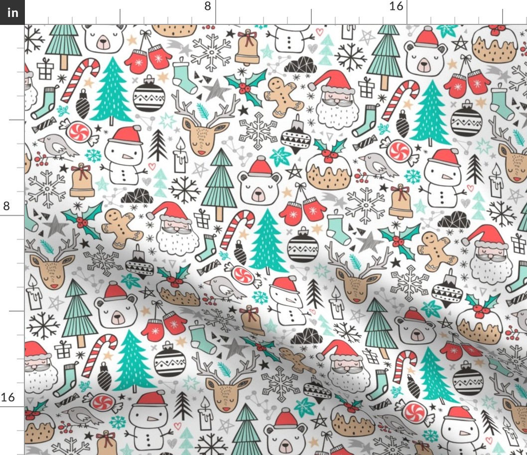 Xmas Christmas Winter Doodle with Snowman, Santa, Deer, Snowflakes, Trees, Mittens 