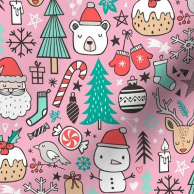 Xmas Christmas Winter Doodle with Snowman, Santa, Deer, Snowflakes, Trees, Mittens on Pink