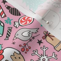 Xmas Christmas Winter Doodle with Snowman, Santa, Deer, Snowflakes, Trees, Mittens on Pink