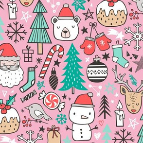 Xmas Christmas Winter Doodle with Snowman, Santa, Deer, Snowflakes, Trees, Mittens on Pink