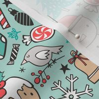 Xmas Christmas Winter Doodle with Snowman, Santa, Deer, Snowflakes, Trees, Mittens on Mint Green