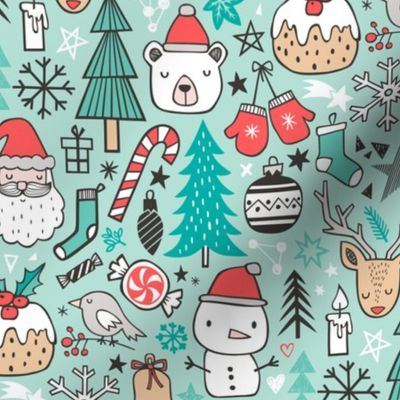 Xmas Christmas Winter Doodle with Snowman, Santa, Deer, Snowflakes, Trees, Mittens on Mint Green