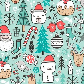 Xmas Christmas Winter Doodle with Snowman, Santa, Deer, Snowflakes, Trees, Mittens on Mint Green