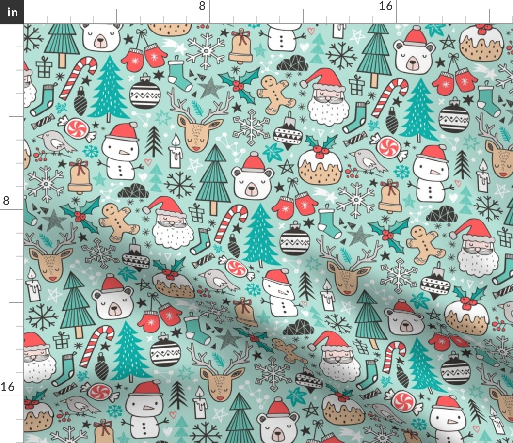 Xmas Christmas Winter Doodle with Snowman, Santa, Deer, Snowflakes, Trees, Mittens on Mint Green