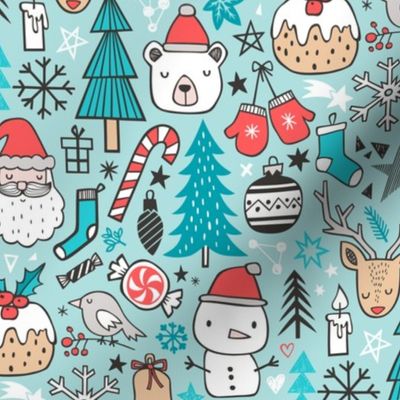 Xmas Christmas Winter Doodle with Snowman, Santa, Deer, Snowflakes, Trees, Mittens on Blue