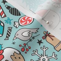 Xmas Christmas Winter Doodle with Snowman, Santa, Deer, Snowflakes, Trees, Mittens on Blue