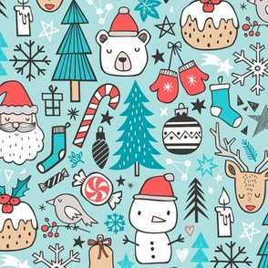 Xmas Christmas Winter Doodle with Snowman, Santa, Deer, Snowflakes, Trees, Mittens on Blue