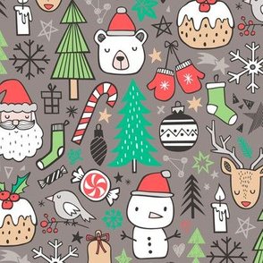 Xmas Christmas Winter Holiday Doodle with Snowman, Santa, Deer, Snowflakes, Trees, Mittens on Brown