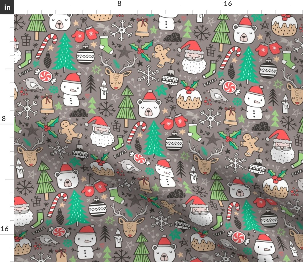 Xmas Christmas Winter Holiday Doodle with Snowman, Santa, Deer, Snowflakes, Trees, Mittens on Brown