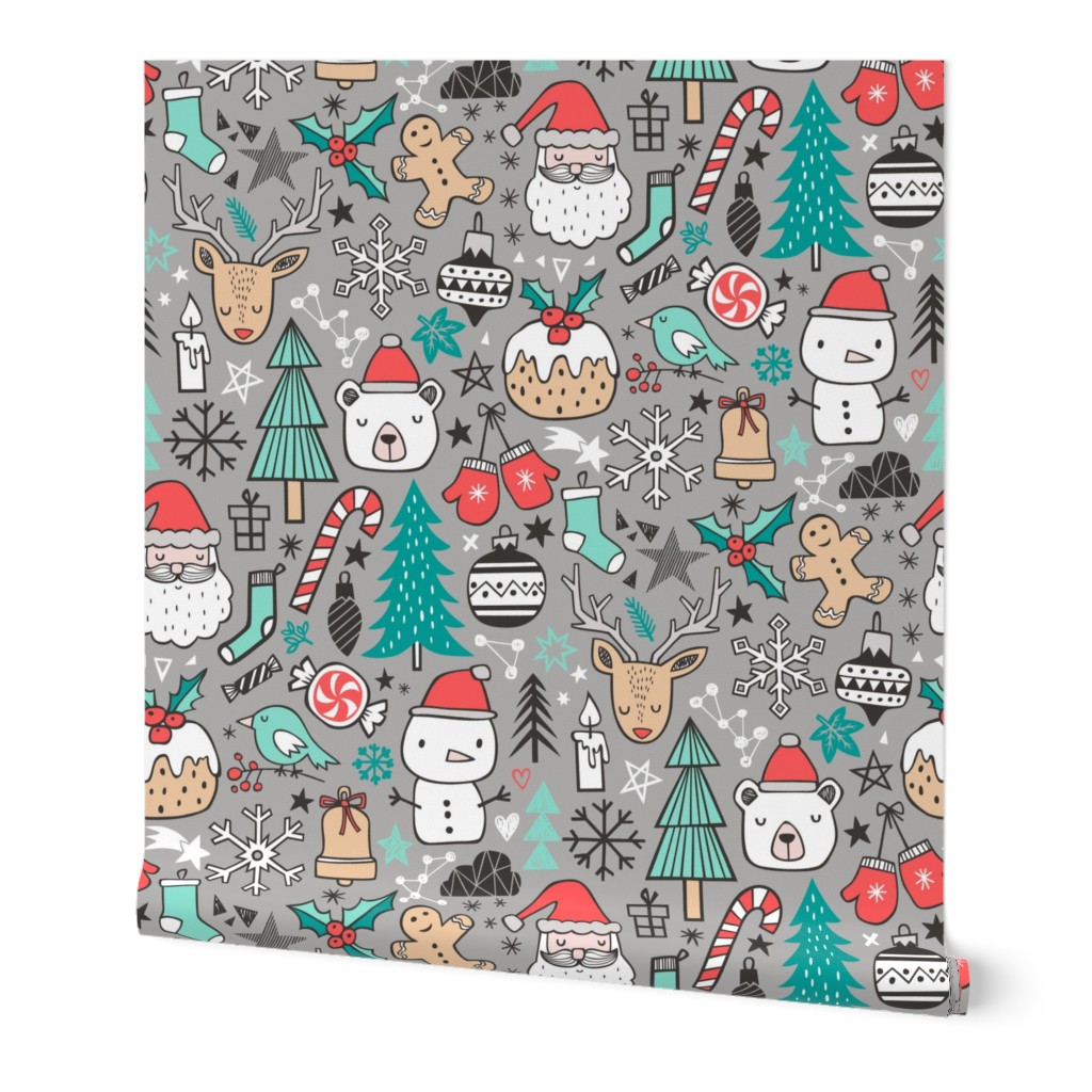 Xmas Christmas Winter Holiday Doodle with Snowman, Santa, Deer, Snowflakes, Trees, Mittens on Grey